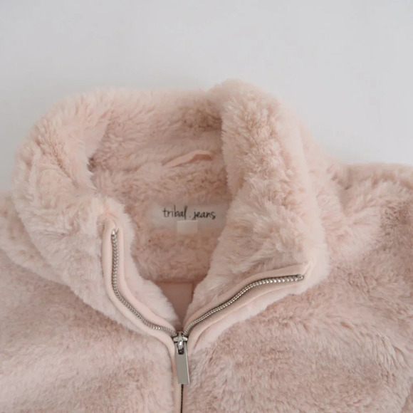 Tribal Jeans Pink Faux Fur Zip Up Bomber Jacket Size P/S - Picture 11 of 13
